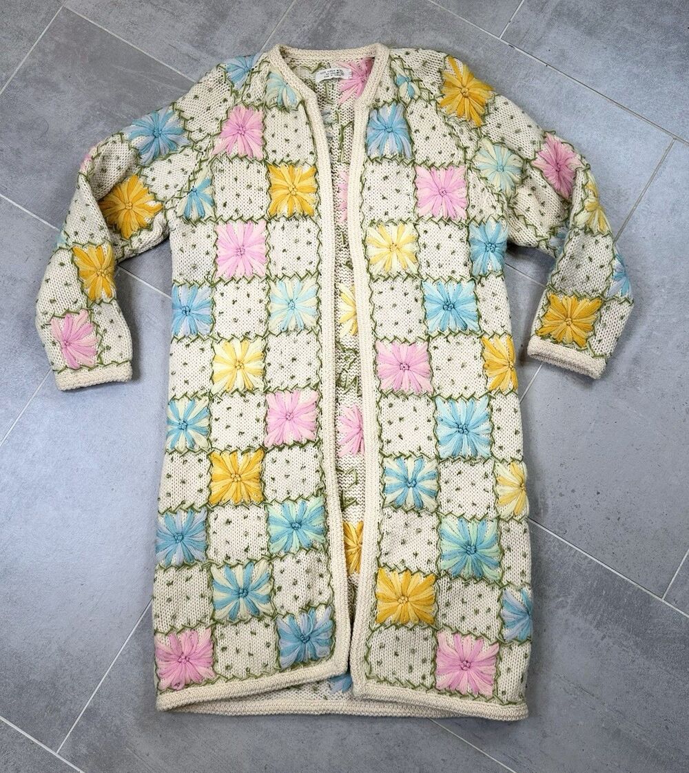 Vintage Lilly of California Granny Square Midi Cardigan Sweater Sz   M